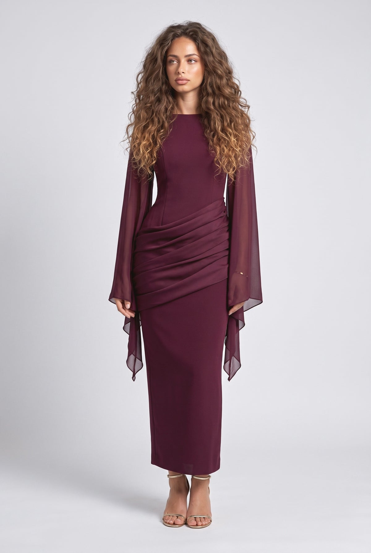 Burgundy Long Sleeve Pleated Maxi Dress, wine red