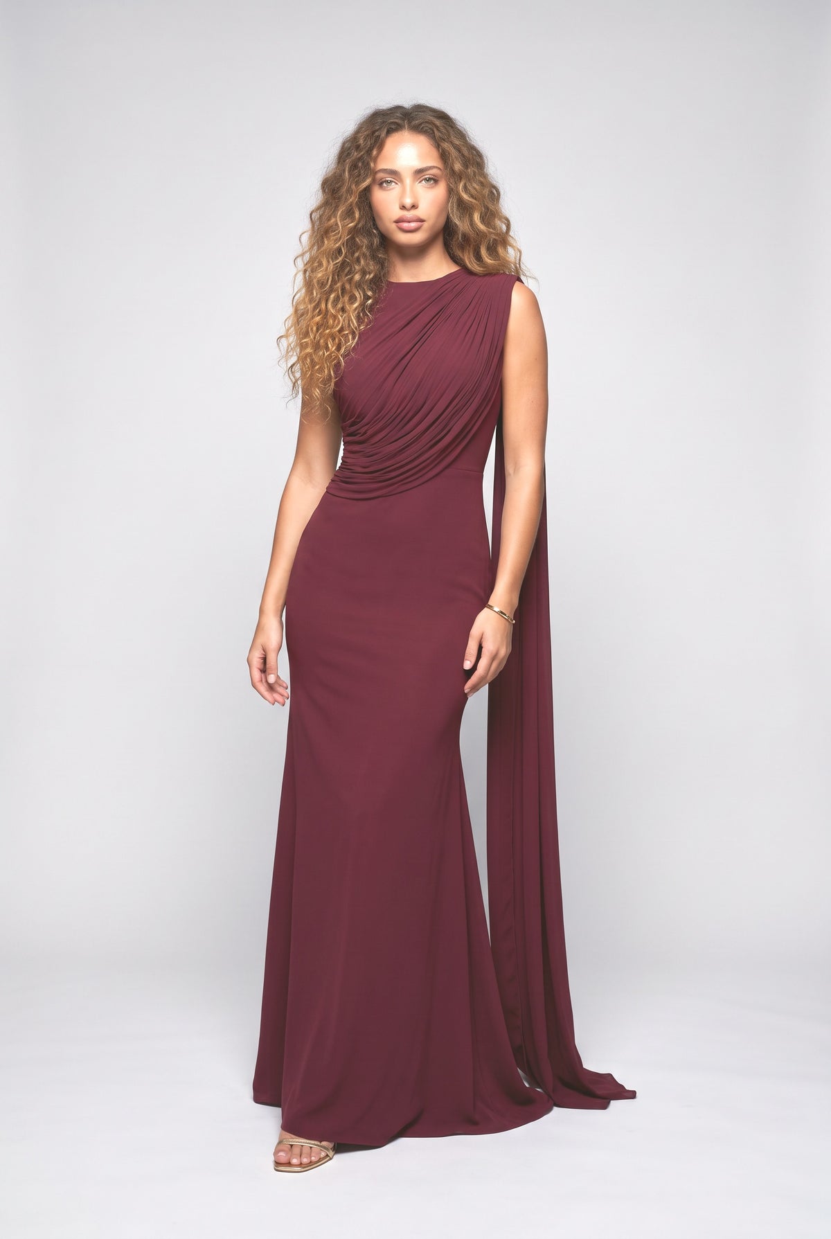 Pleated Design Ribbon Maxi Dress, wine red