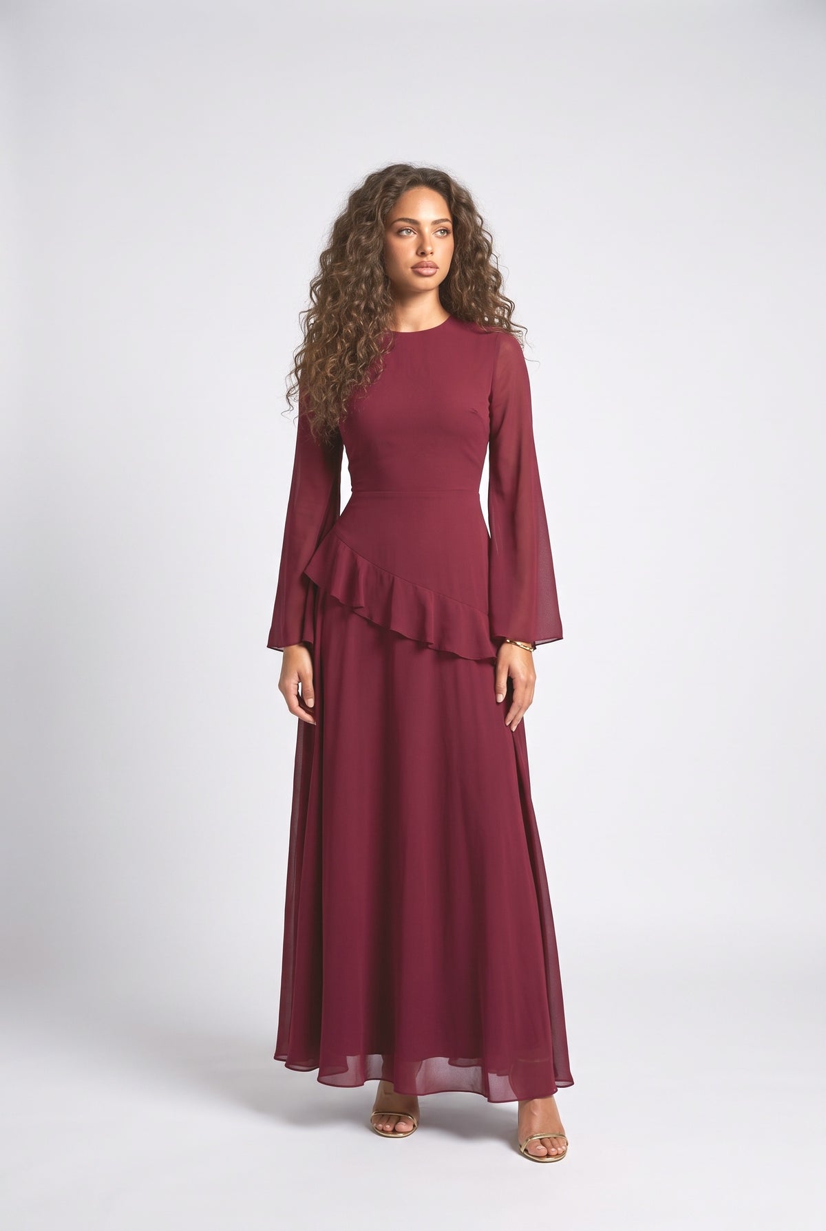 Ruffled Long Sleeve Maxi Dress, wine red