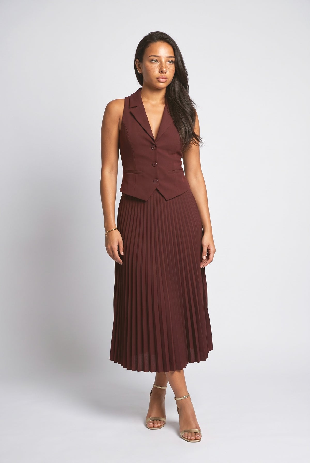 Suit Collar Vest and Midi Pleated Skirt Sets, wine red