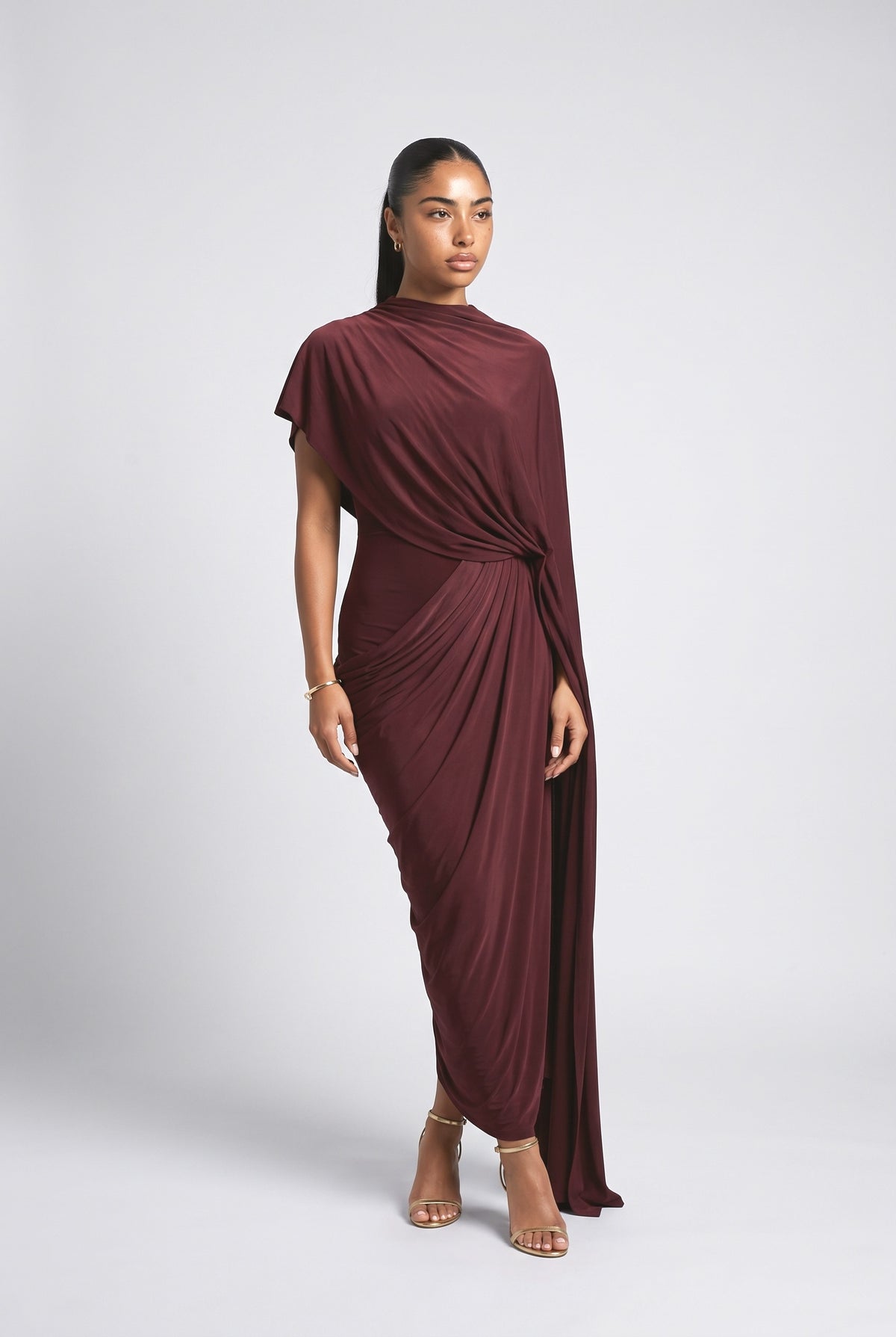 Irregular Shawl Pleated Maxi Dress, wine red