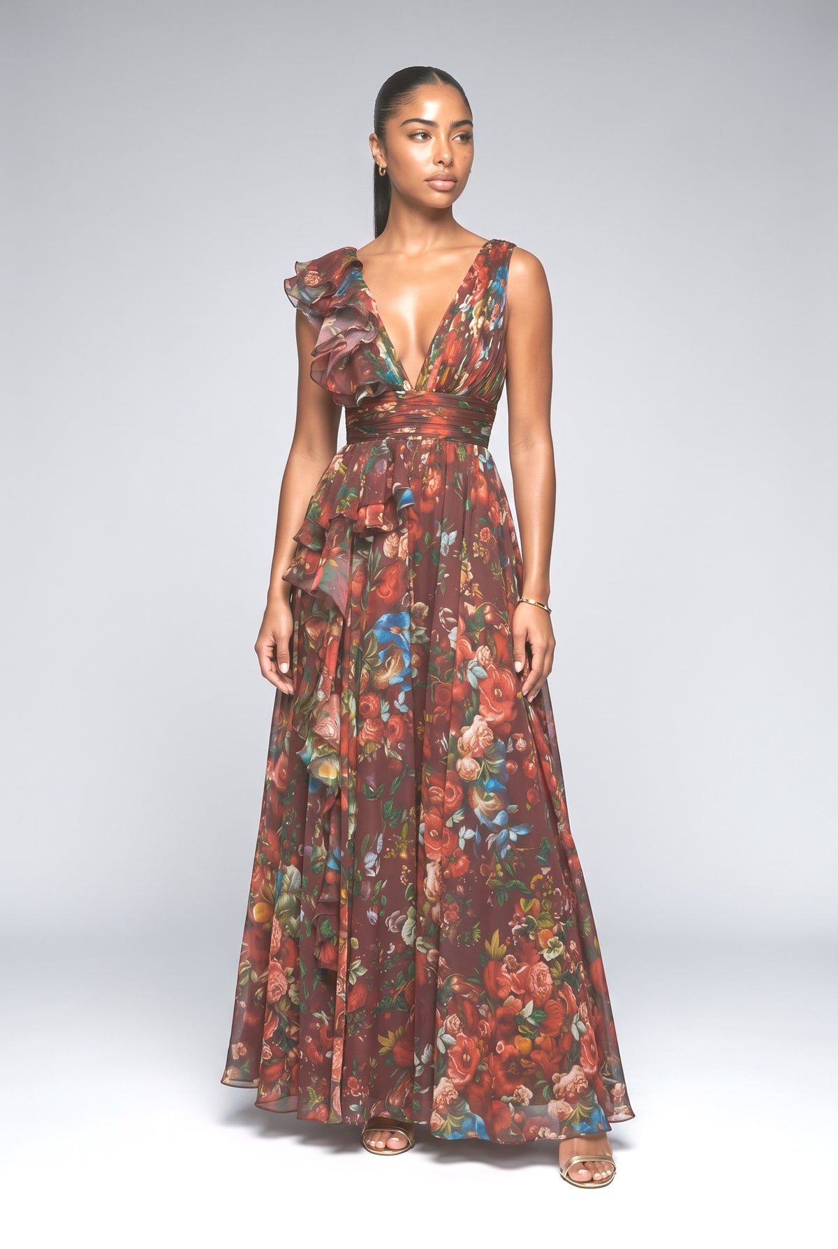 V-Neck Printed Maxi Dress, wine red