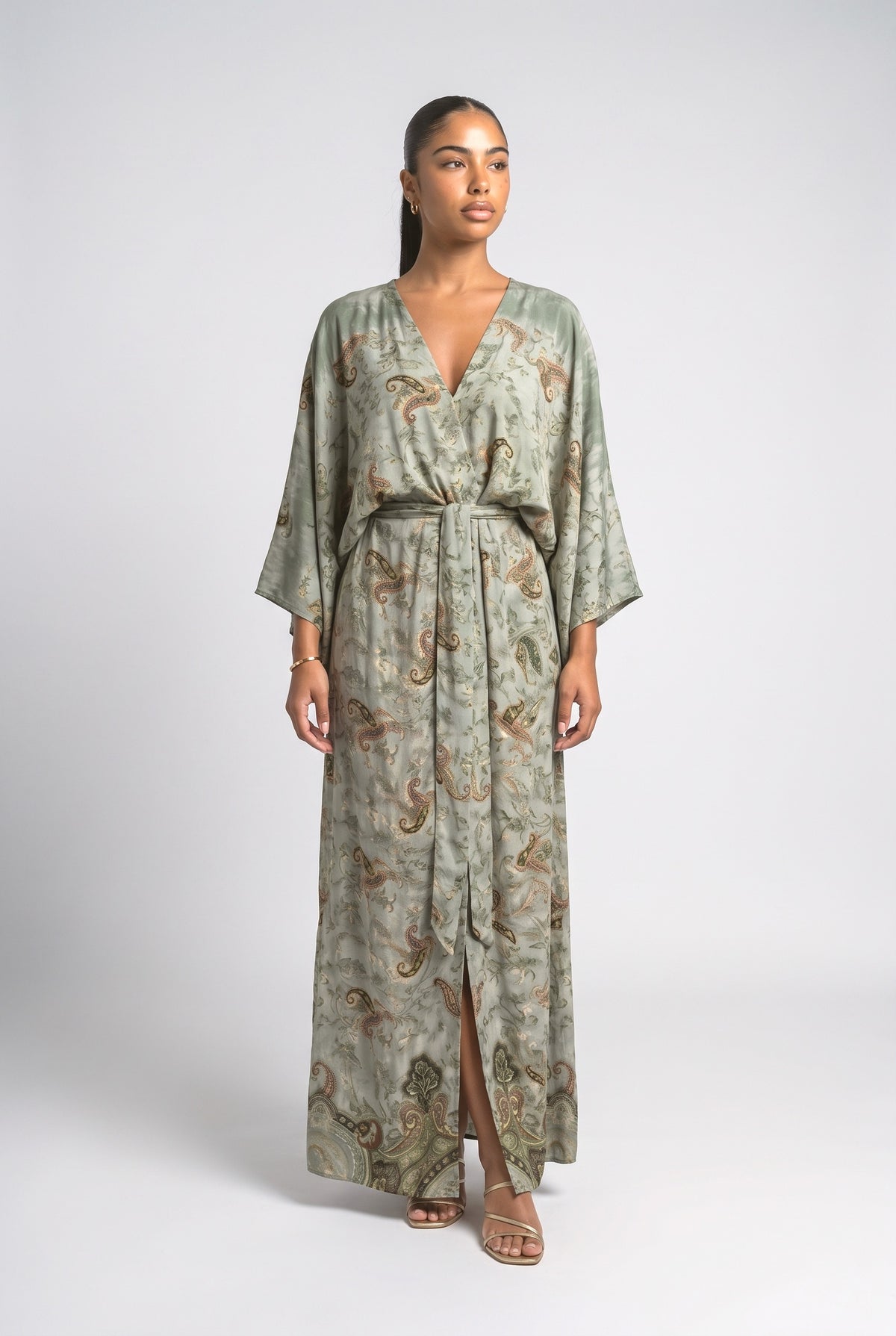 Print V-Neck Slit Maxi Dress, yellow green