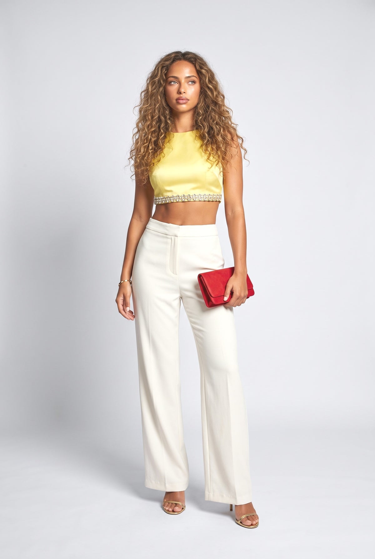 Embellished Satin Crop Top, yellow skirt