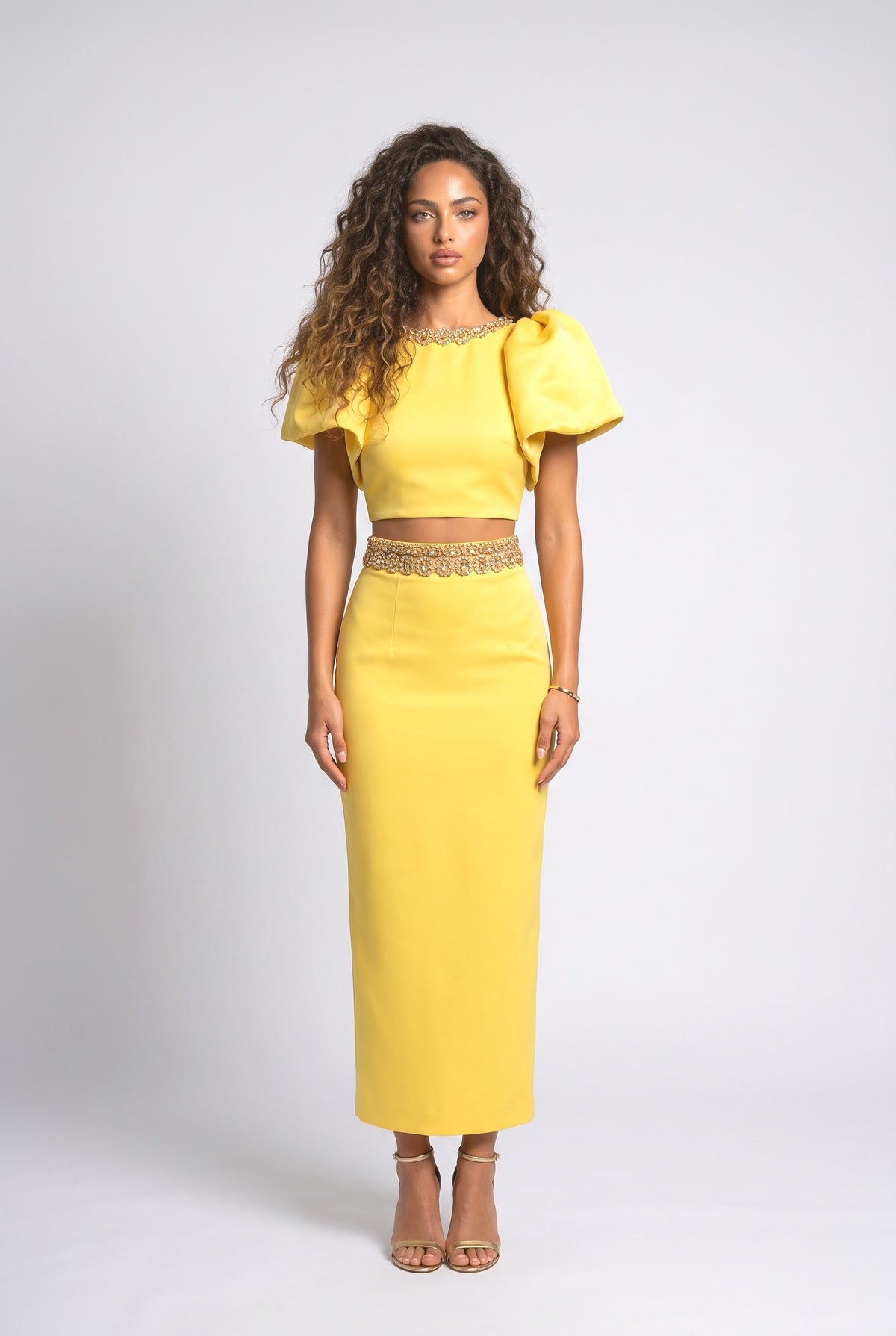 Embellished Satin Crop Top, yellow top
