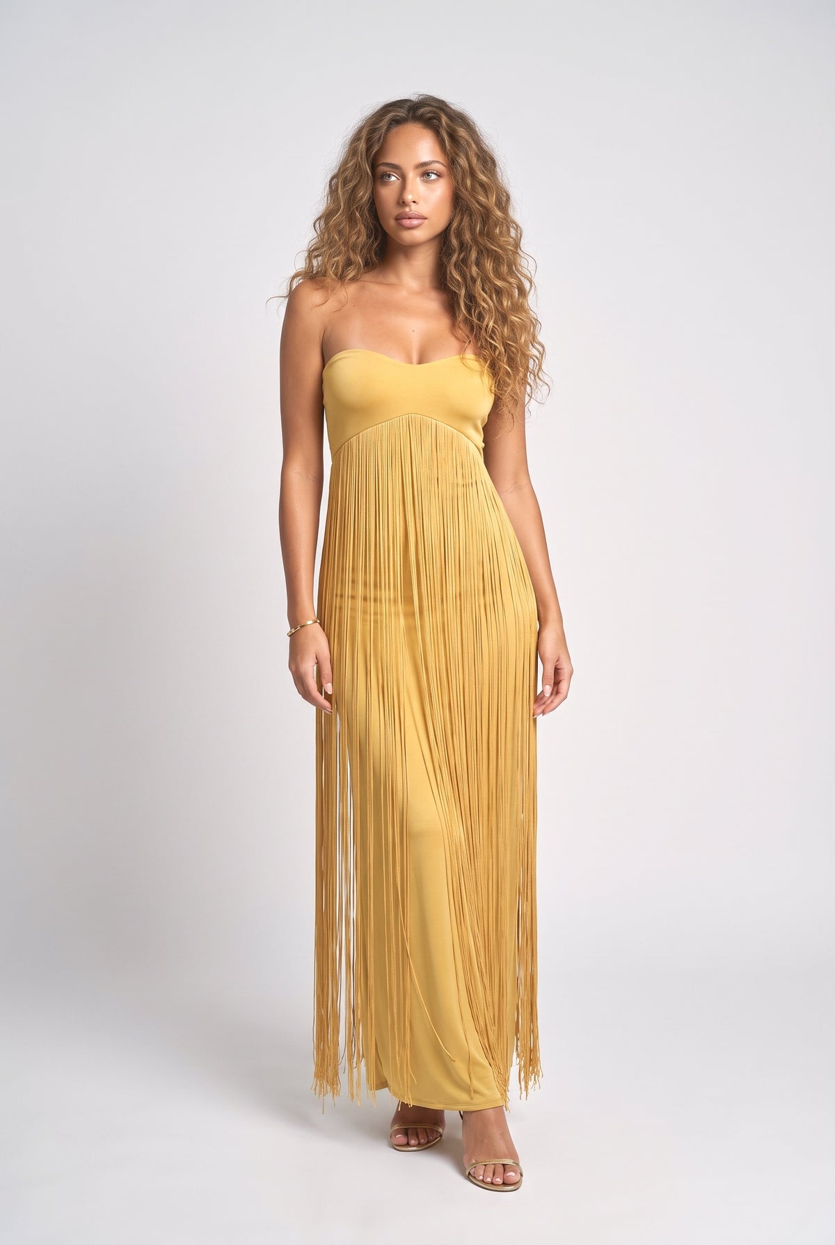 Yellow Strapless Ruched Maxi Dress, yellow