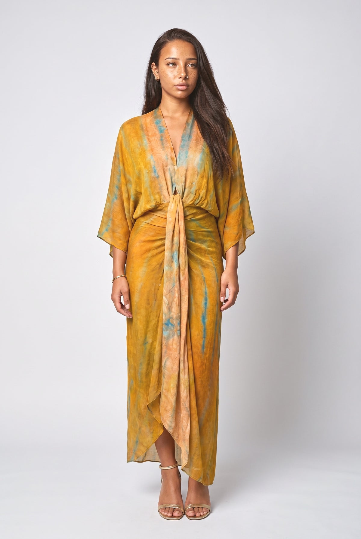 Bohemian Kimono-Inspired Tie-Dye Print Waist-Tie Maxi Dress, yellow