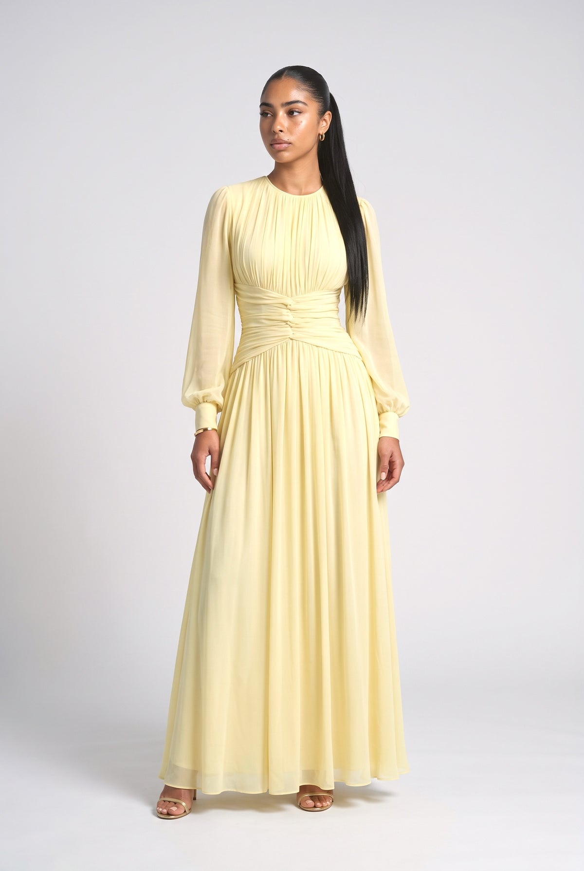 Yellow Chiffon Ruched Maxi Dress, yellow