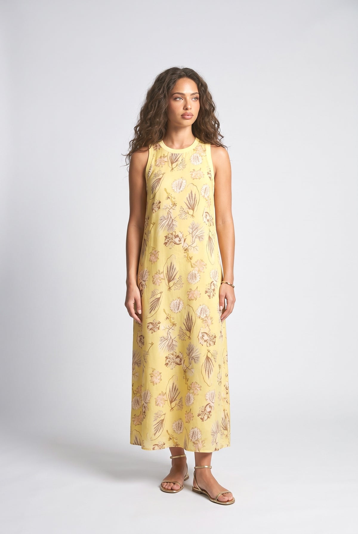 Botanical Print Sleeveless Midi Dress Two-Piece Set, yellow