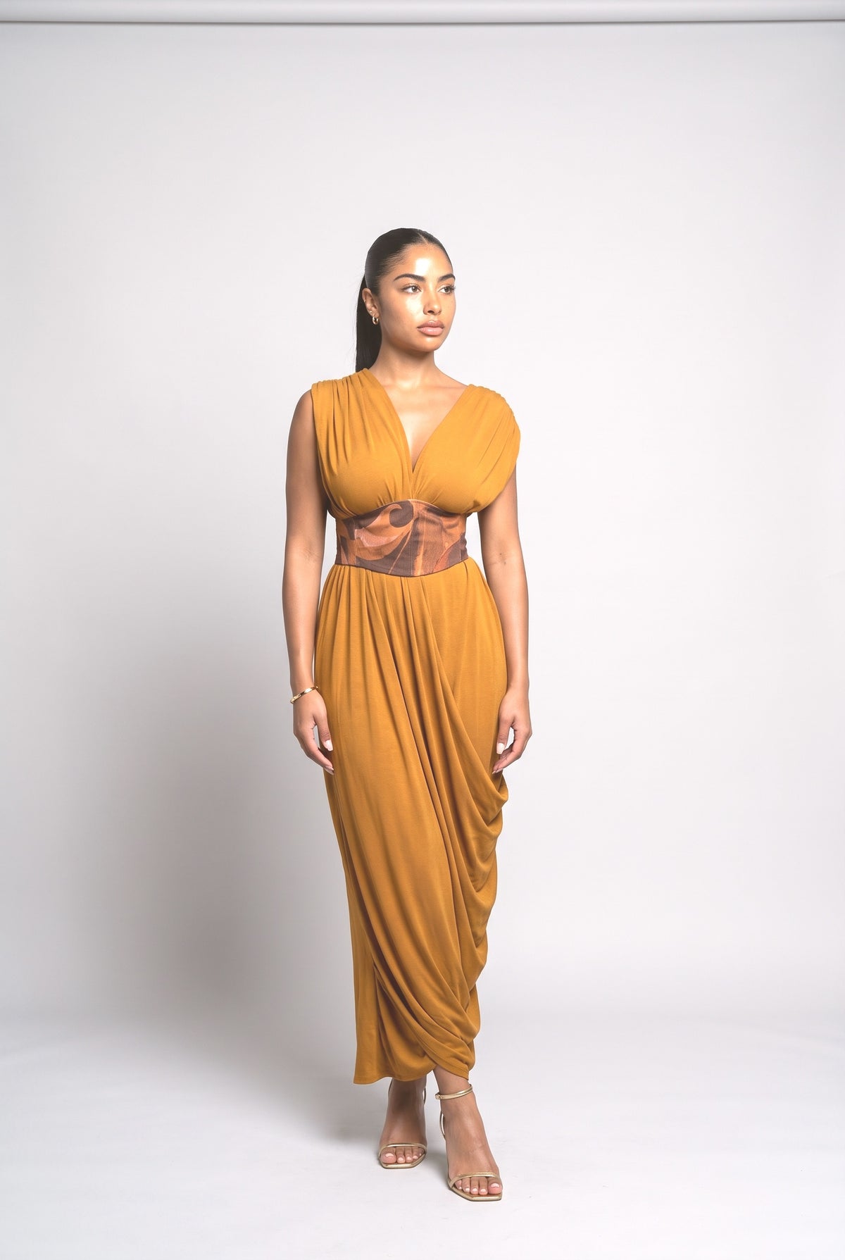 Yellow Print Knit Draped Maxi Dress, yellow