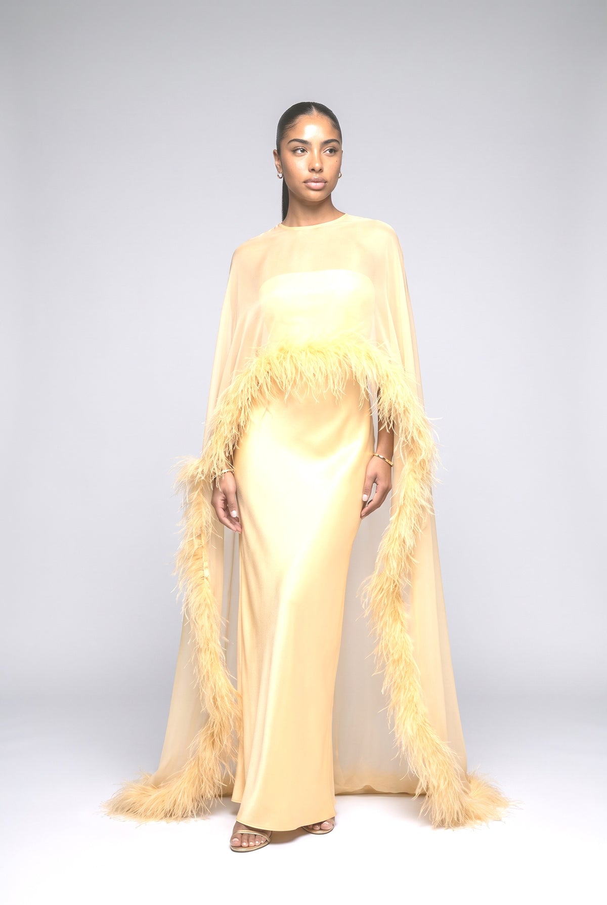 Satin Feather Trim Maxi Dress, yellow
