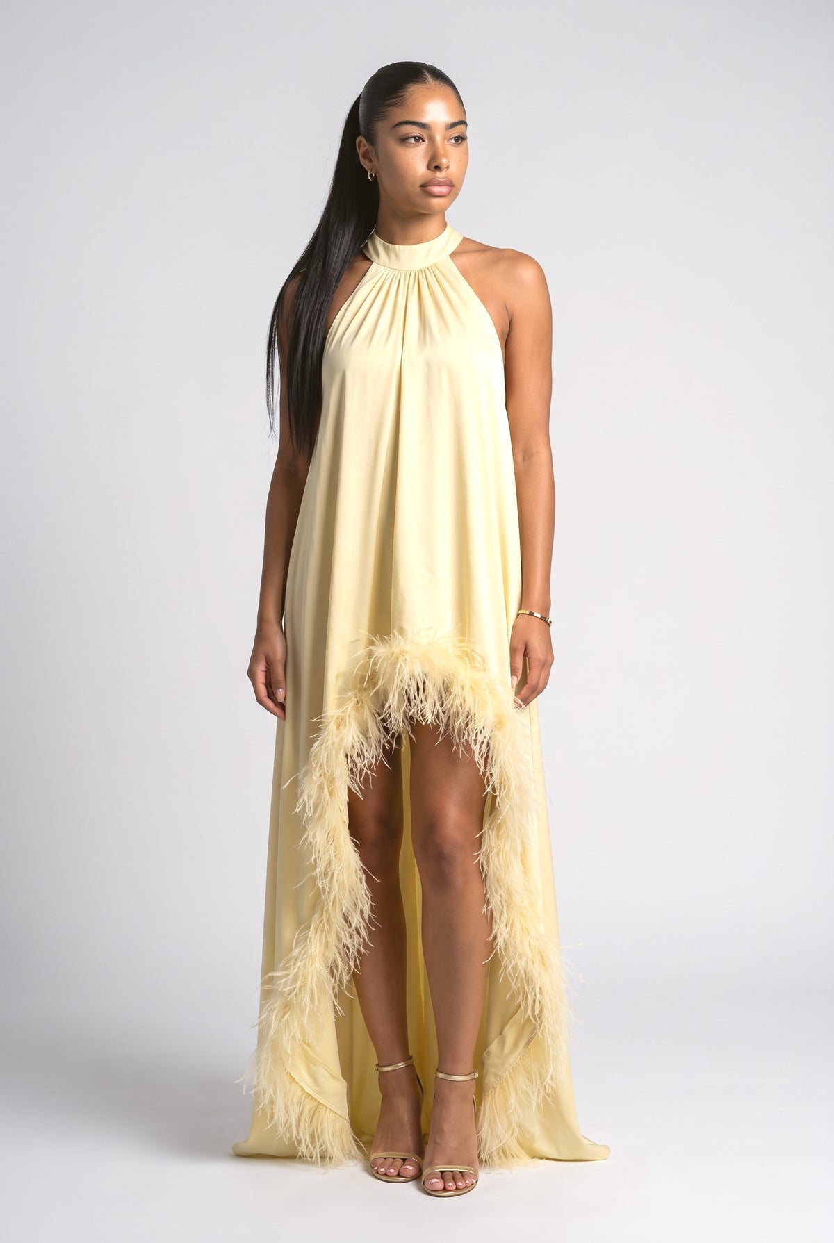 Satin Halter Neck Sleeveless Feather Trim Maxi Dress, yellow