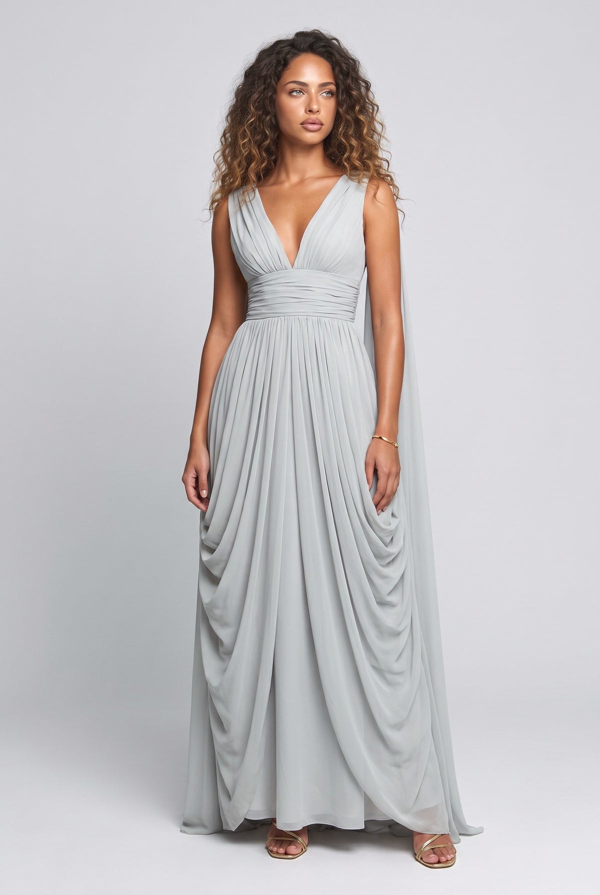 Draped Chiffon Evening Maxi Dress, yellow