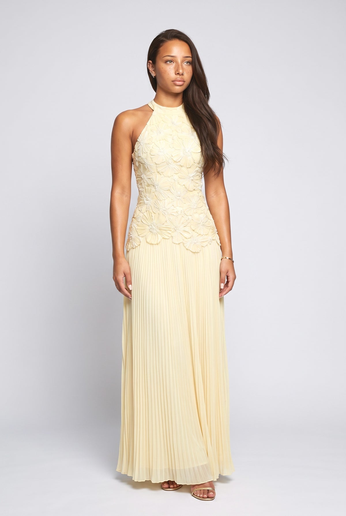 Floral Halter Neck Ruched Maxi Dress, yellow
