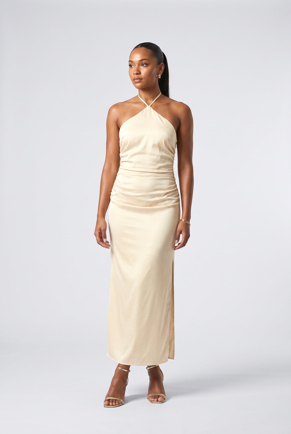 Satin Halter Neck Ruched Maxi Dress, yellow