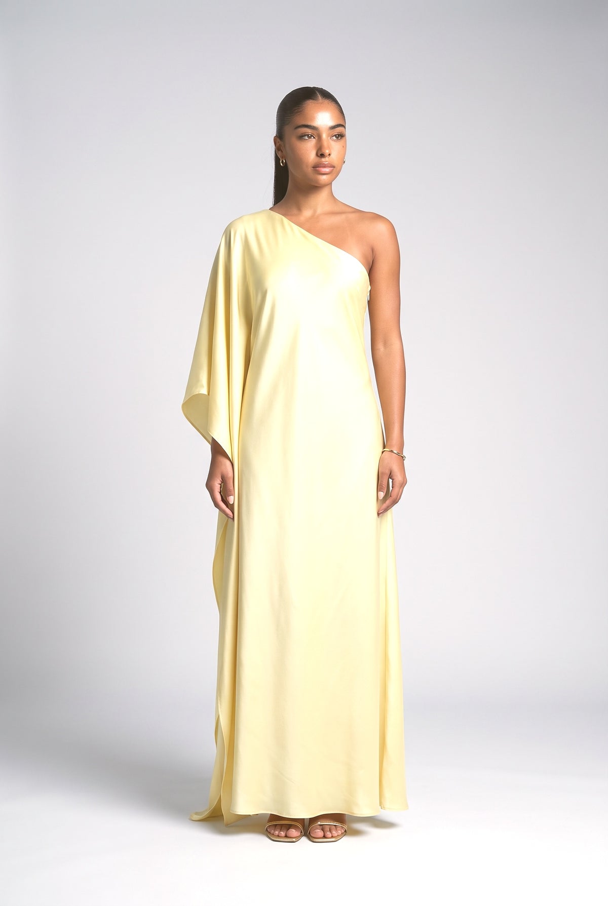 Satin One-Shoulder Maxi Dress, yellow