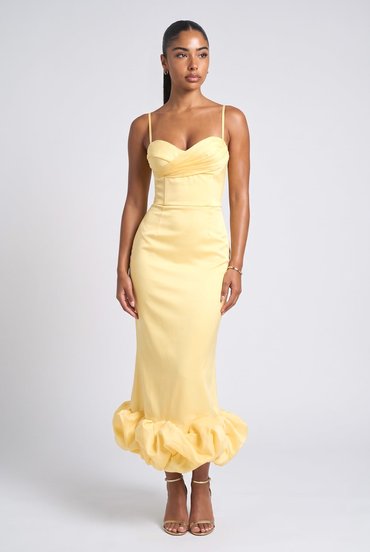 Satin Sweetheart Ruffle Maxi Dress, yellow