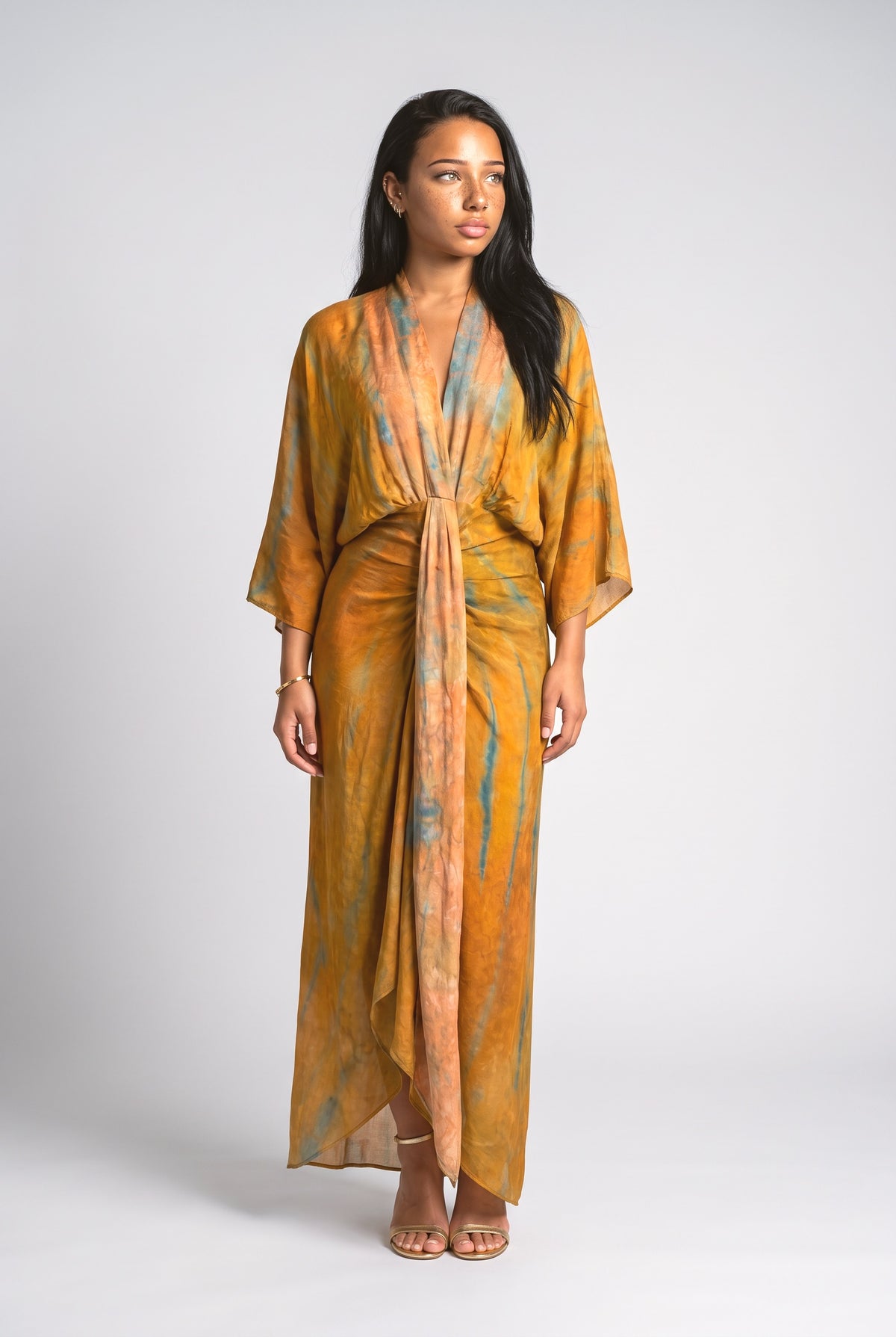 Bohemian Kimono-Inspired Tie-Dye Waisted Maxi Dress, yellow