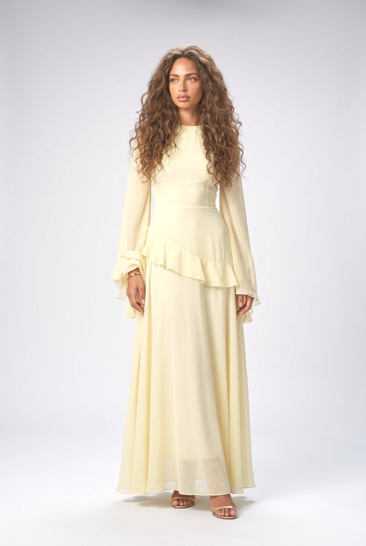 Ruffled Long Sleeve Maxi Dress, yellow