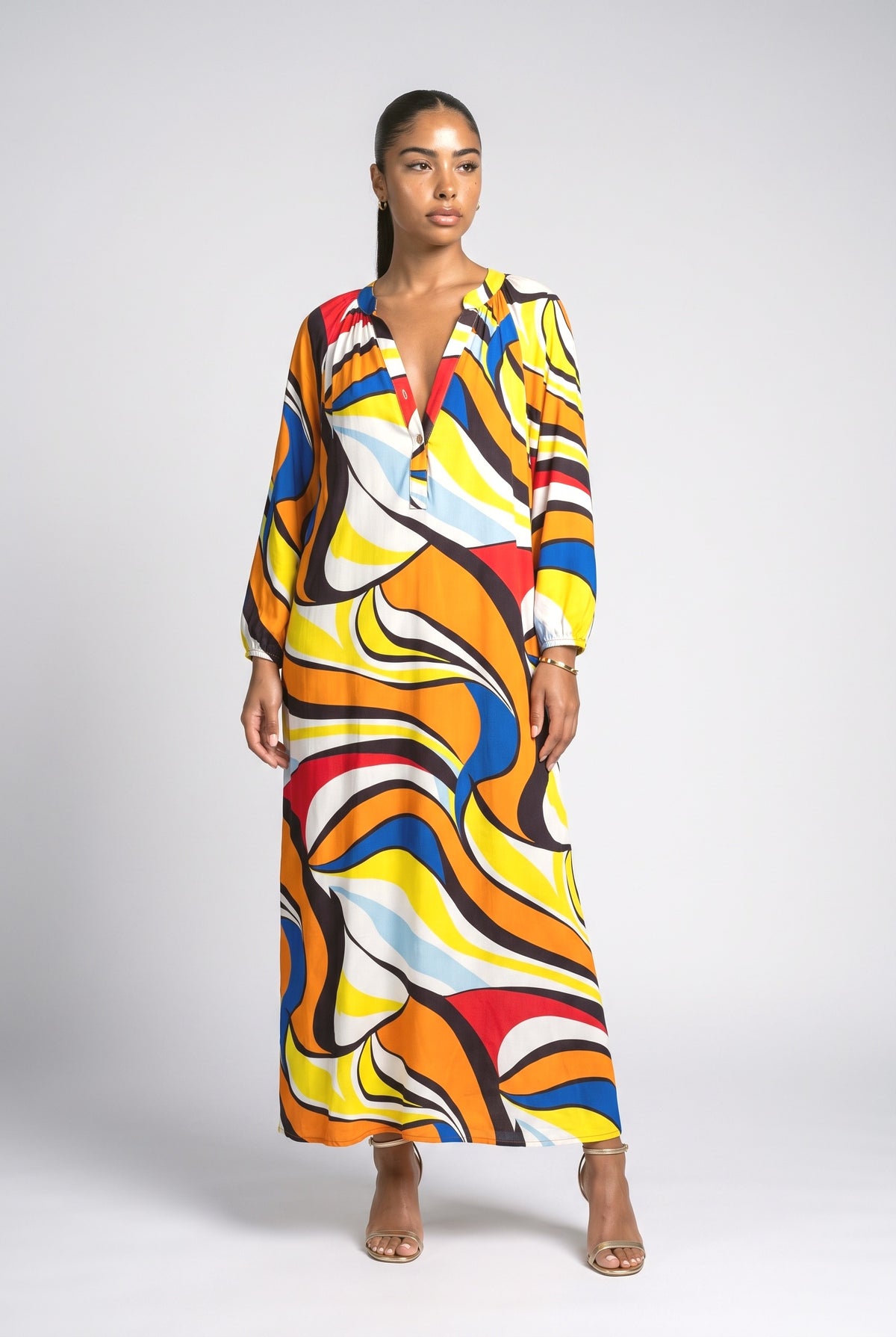 Bohemian V-Neck Printed Maxi Dress, yellow