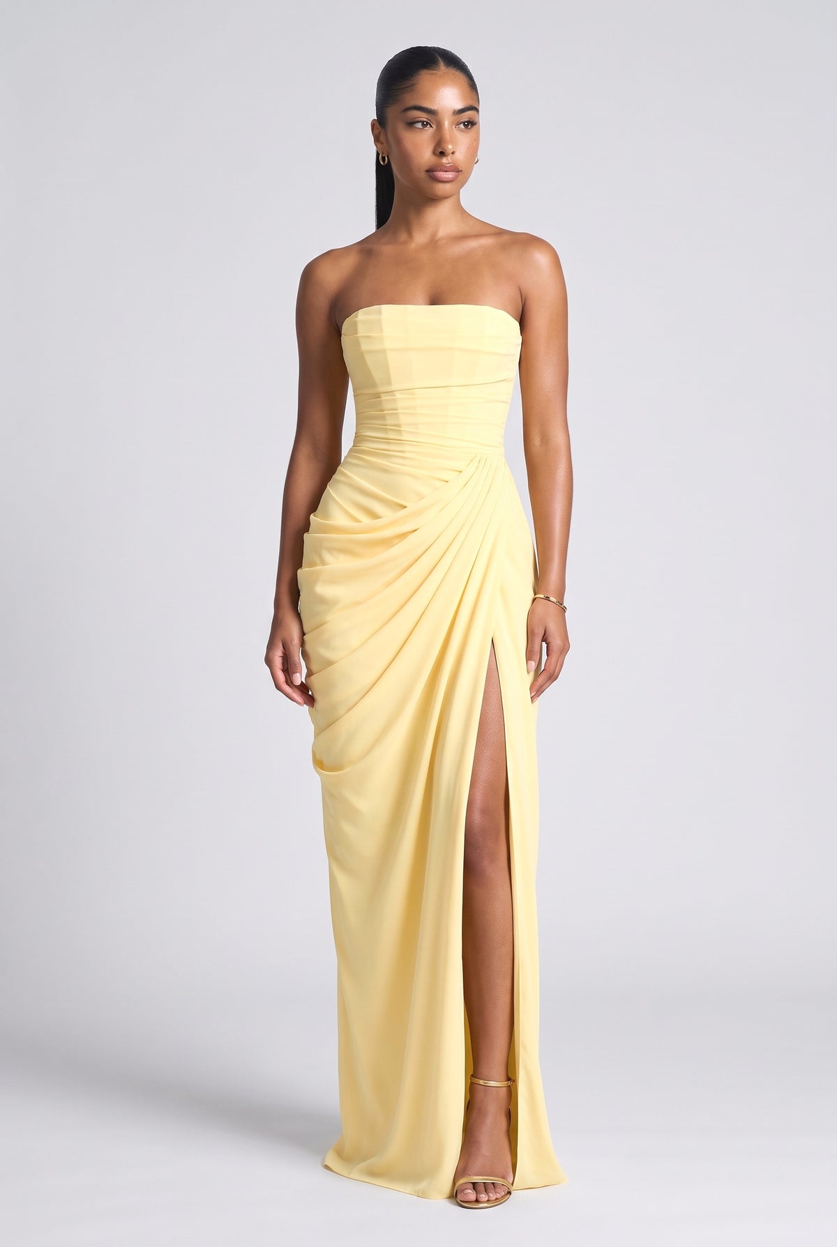 Strapless Pleated Maxi Dress, yellow