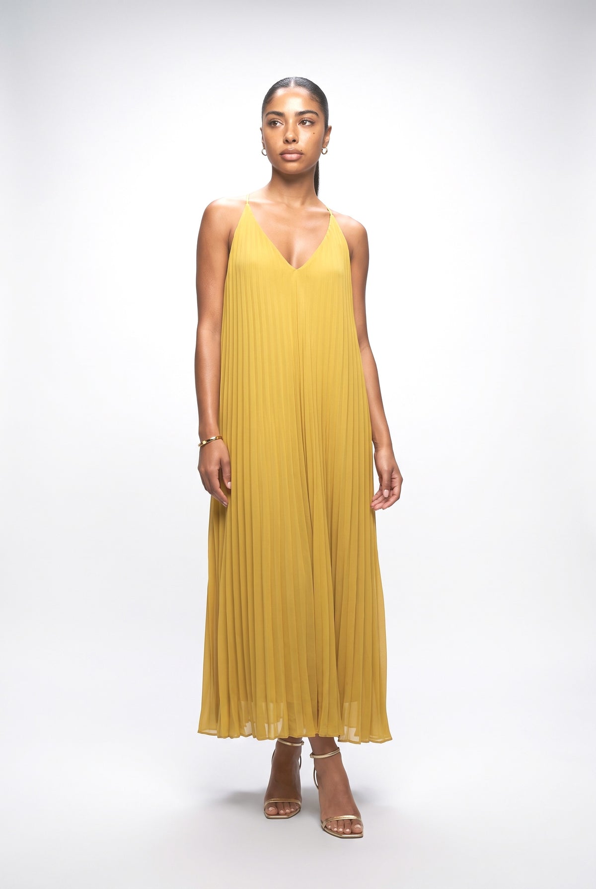 Yellow Chiffon V-Neck Pleated Maxi Dress, yellow