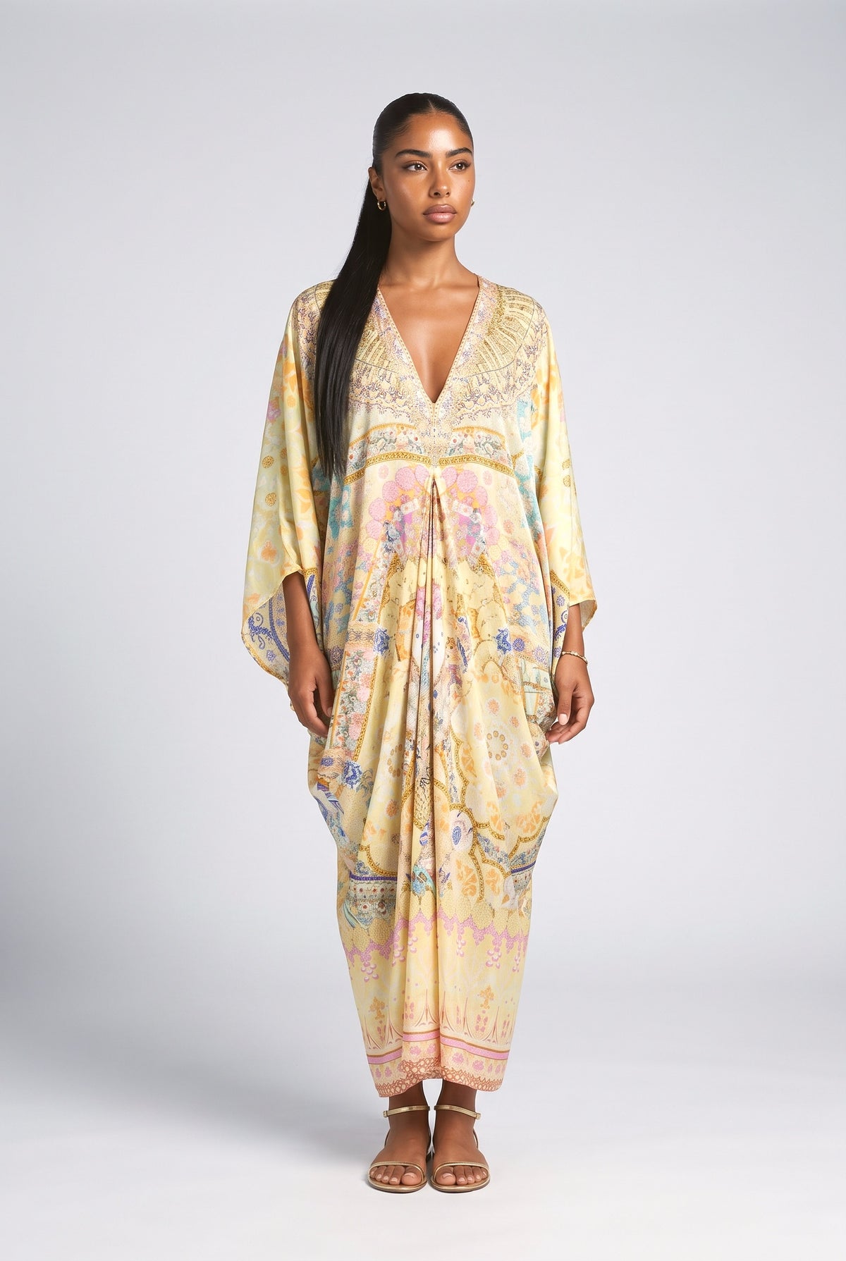 Yellow Floral Silky Maxi Dress, yellow
