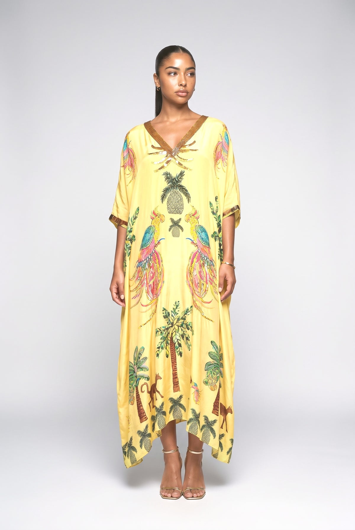 Drop Shoulder Sleeve Coconut Tree Printed Dress, yellow