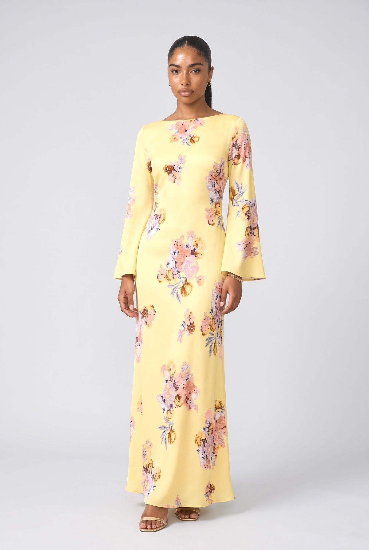 Floral Satin Maxi Dress, yellow