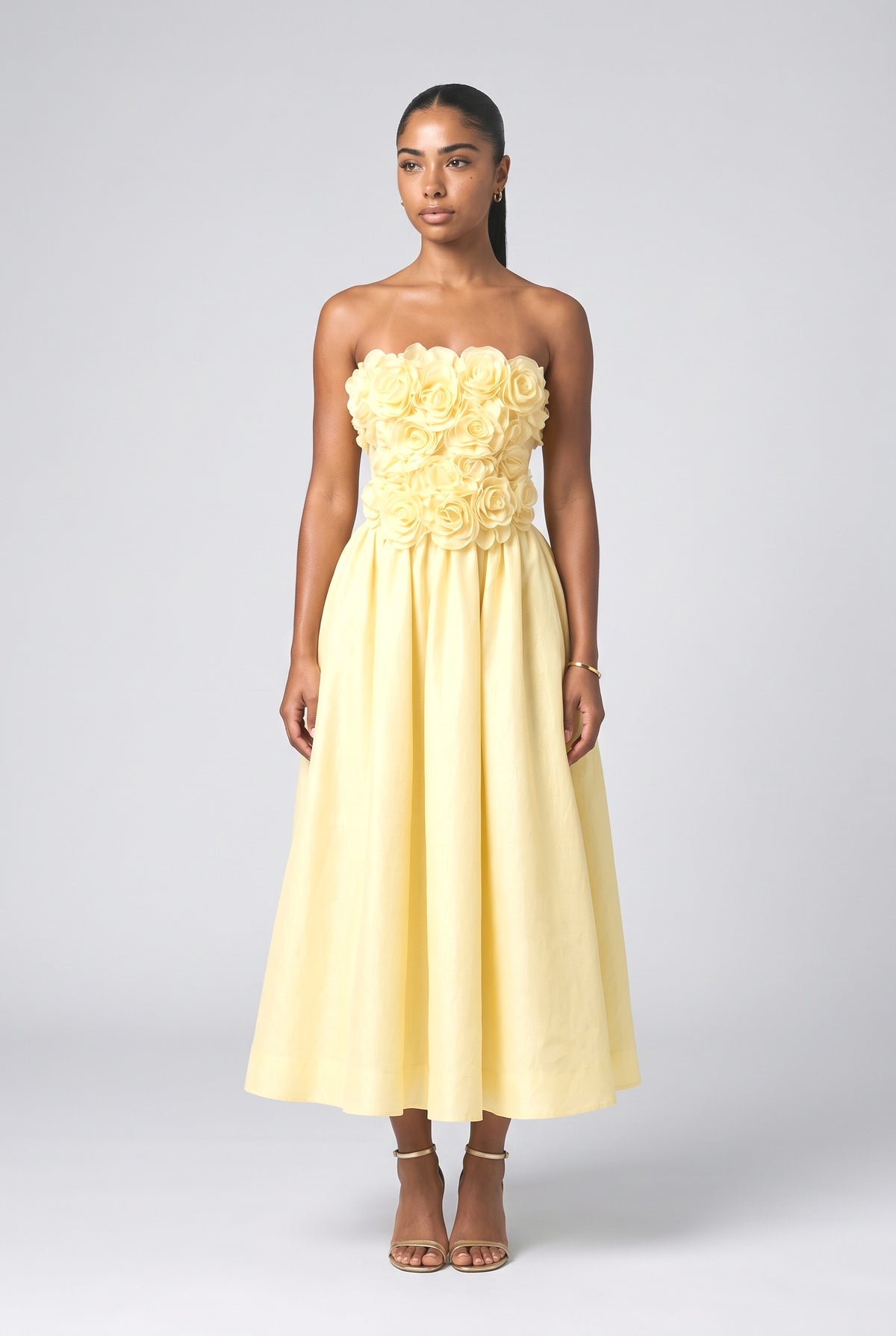 Yellow Floral Strapless Midi Dress, yellow