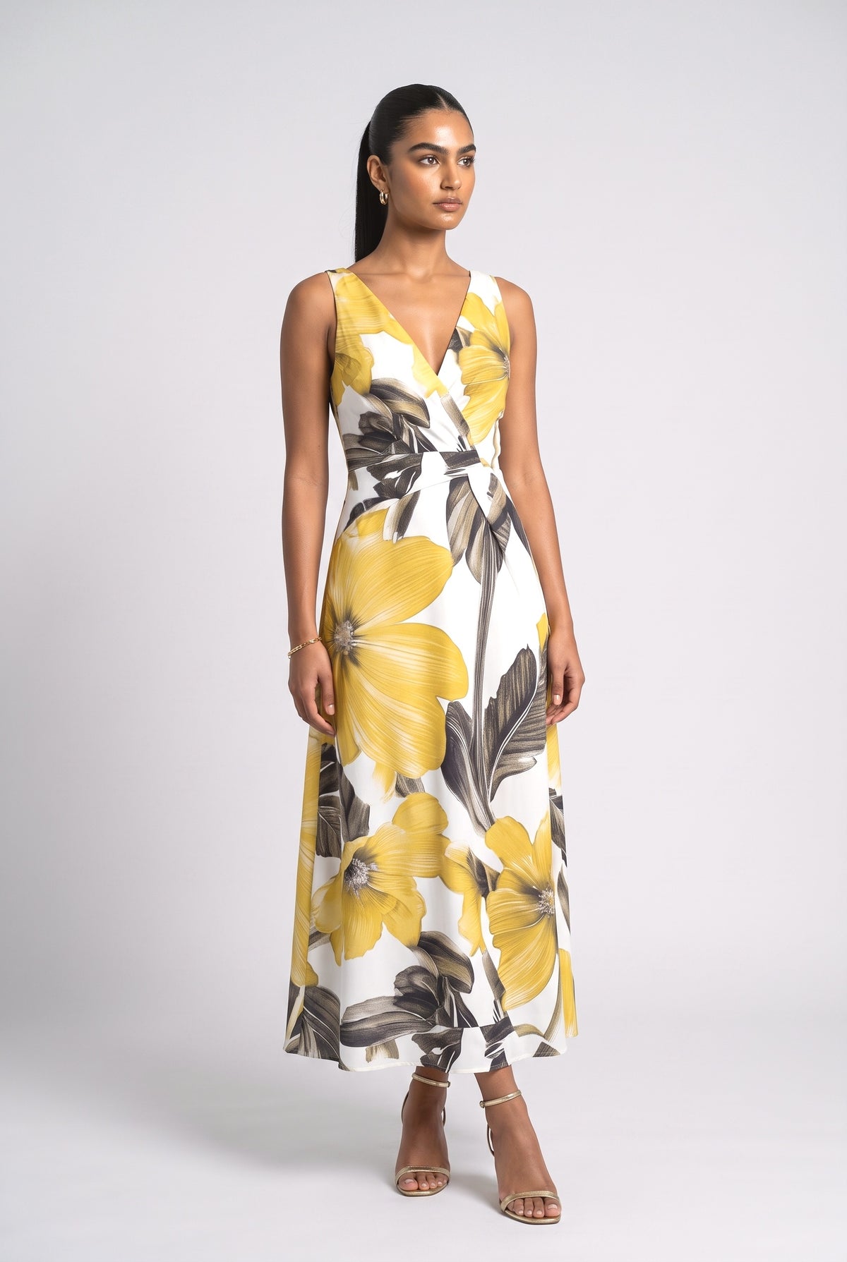 Floral V-Neck Sleeveless A-Line Maxi Dress, yellow