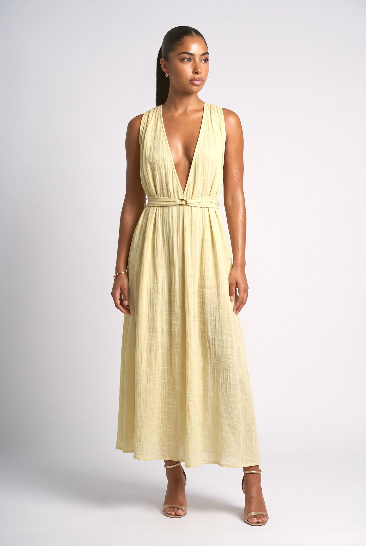 Yellow V-Neck Sleeveless Flowy Maxi Dress, yellow