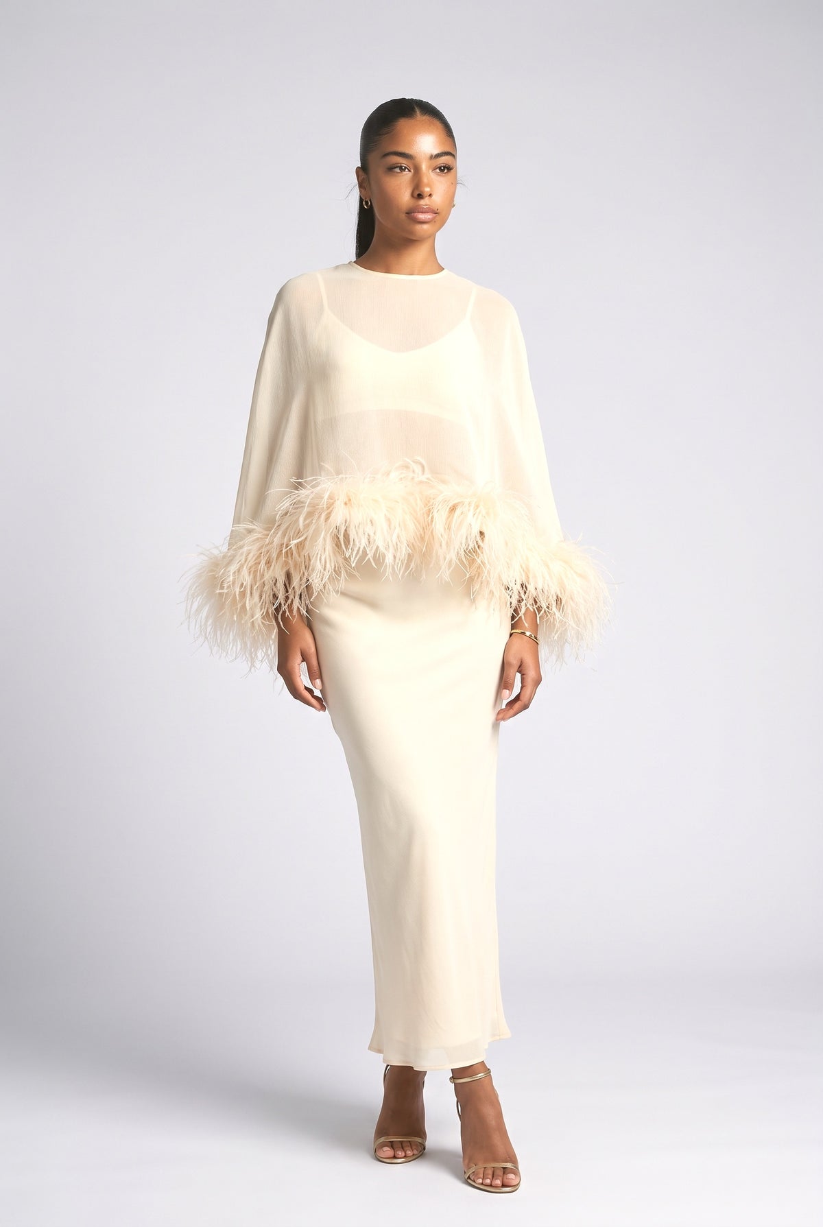 Chiffon Feather Trim Outfit Set, yellow