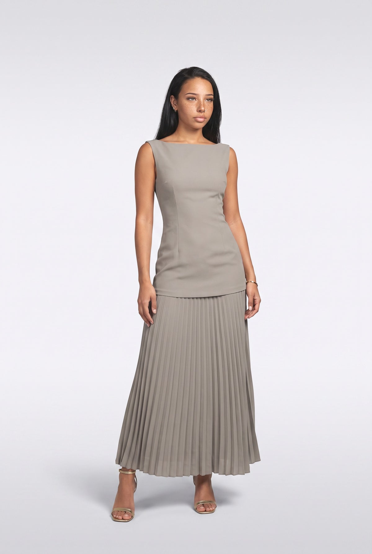 Pleated Boat Neck Pleated Maxi Dress, yellow