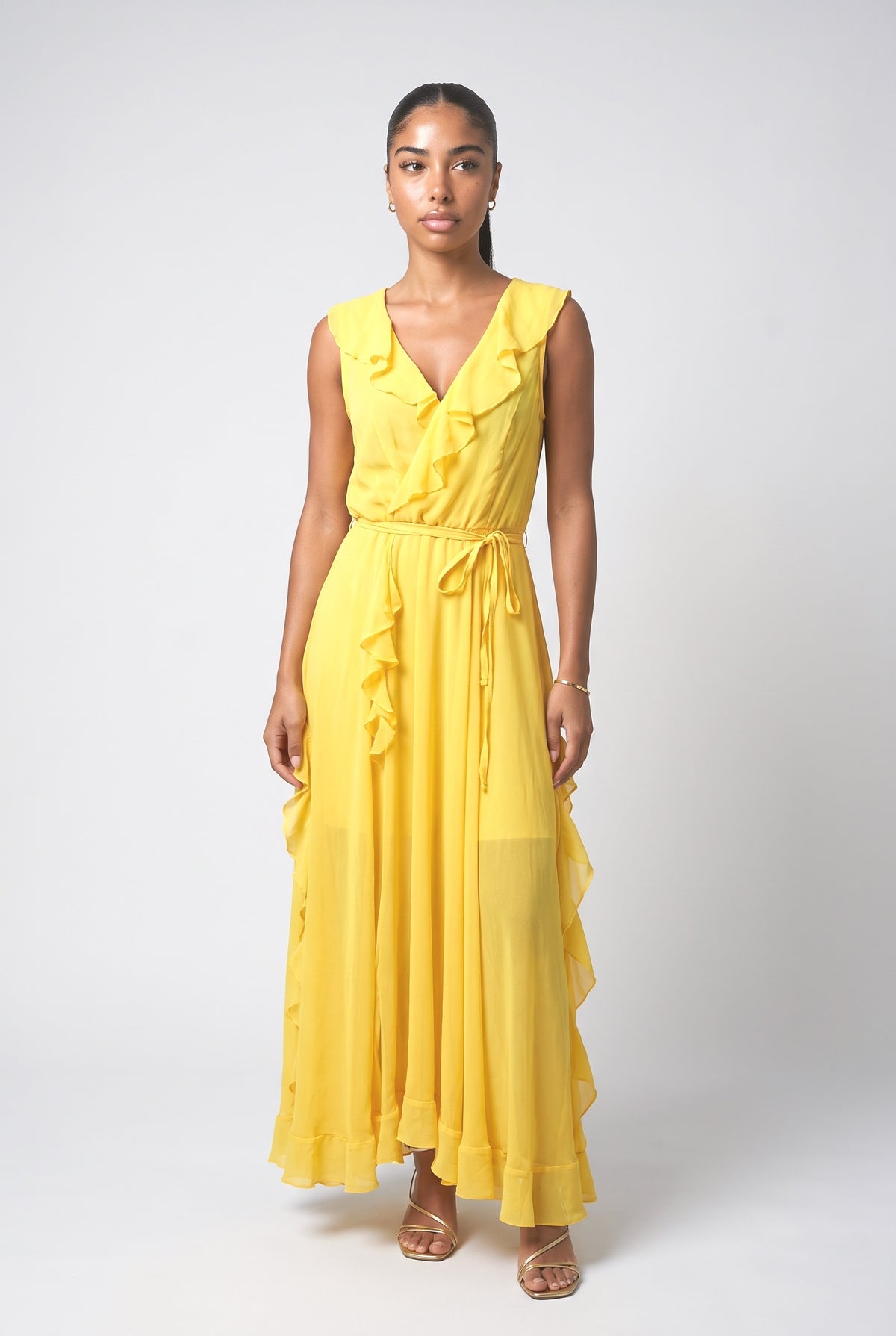 V-Neck Ruffle Maxi Dress, yellow