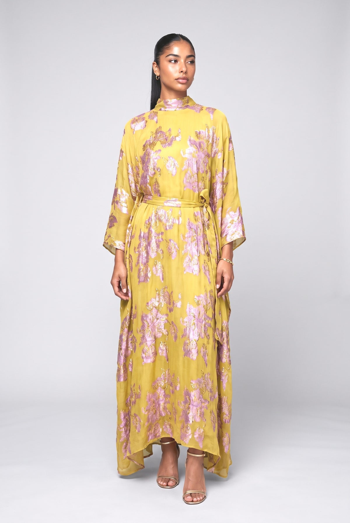 Yellow Floral High Neck Dress, yellow