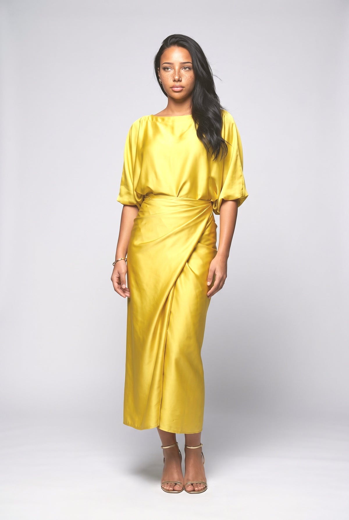 Pleated Long Dress Two-piece Set, yellow