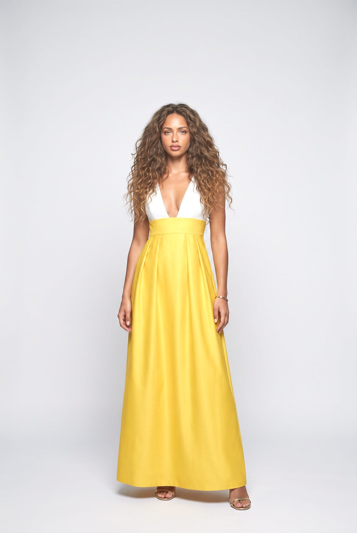 Colorblock V-Neck A-Line Maxi Dress, yellow