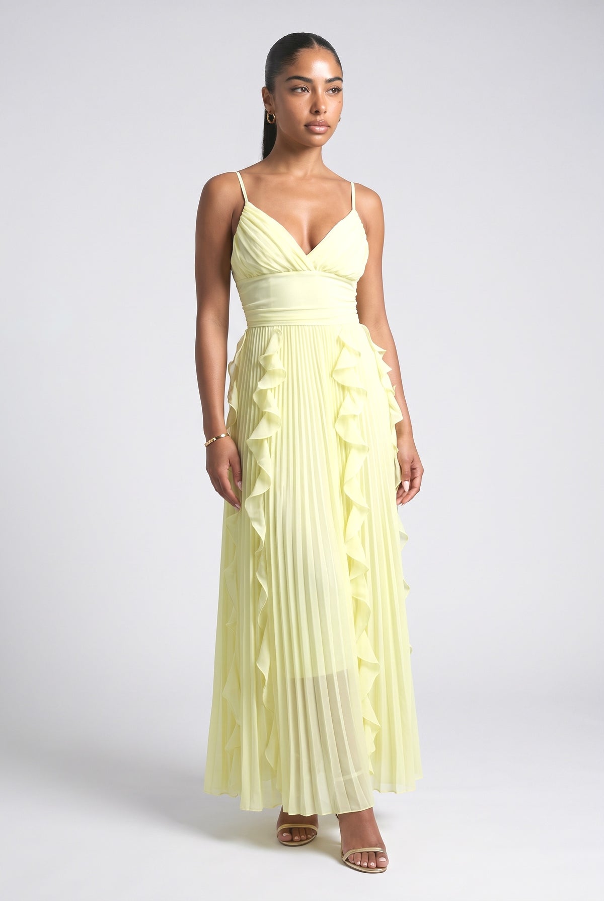 Chiffon Strappy Pleated Maxi Dress, yellow