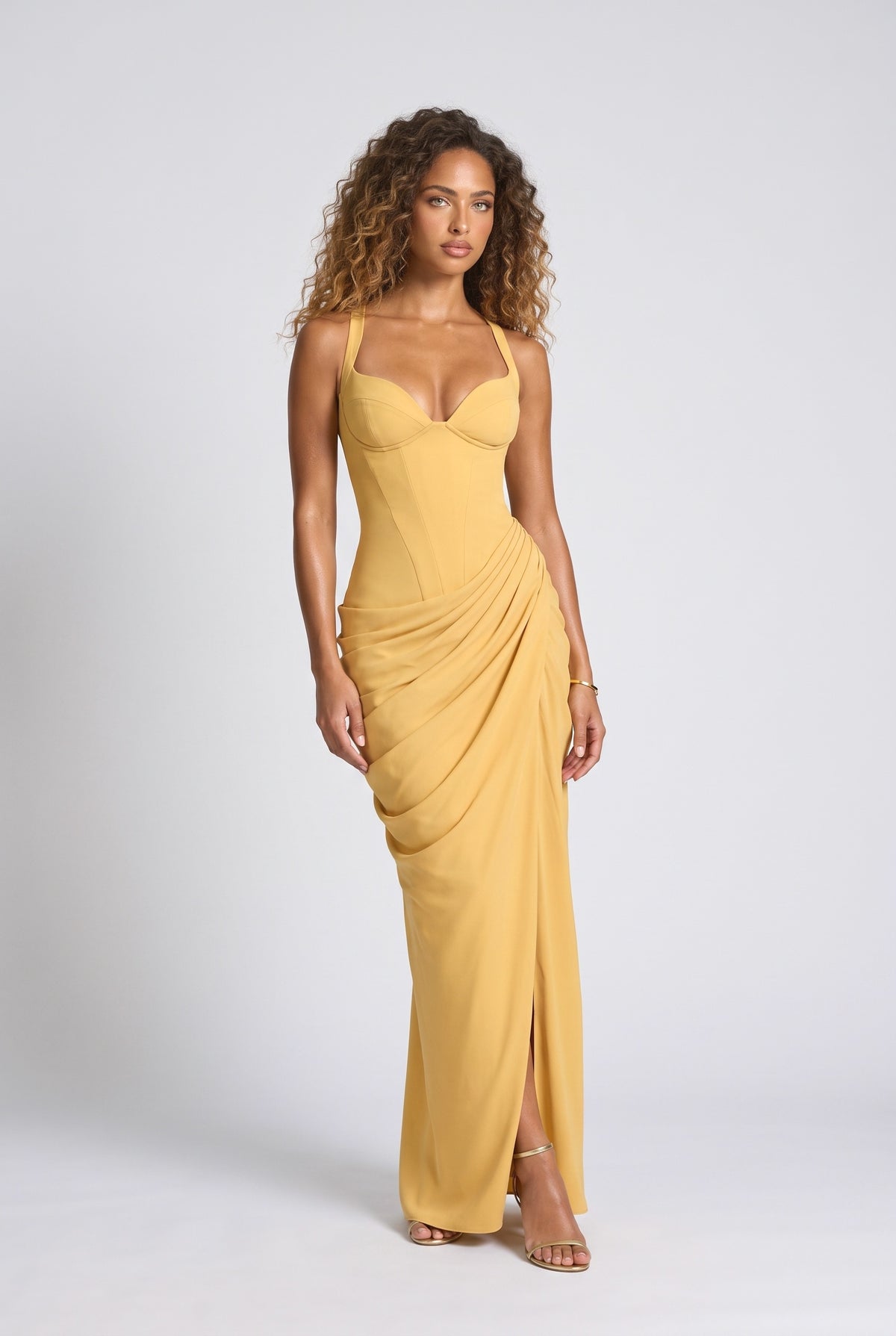 Strappy Ruched Maxi Dress, yellow