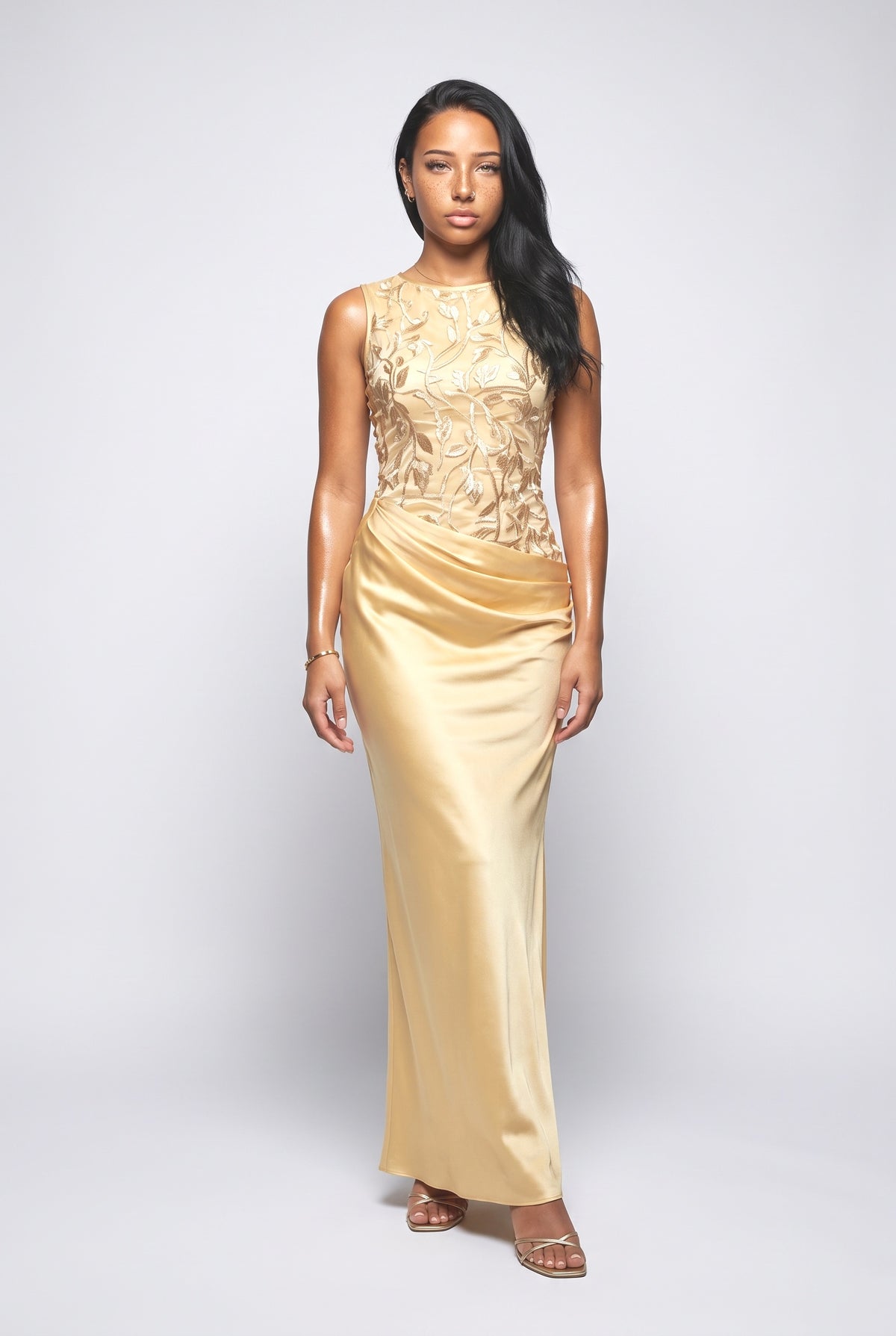 Satin Crew Neck Sleeveless Maxi Dress, yellow