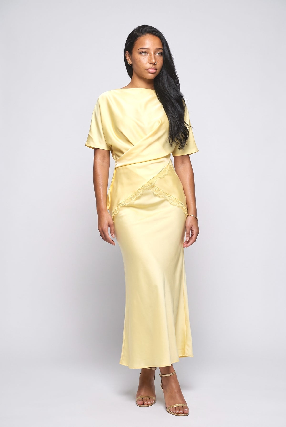 Yellow Satin Draped Outfit Set, yellow