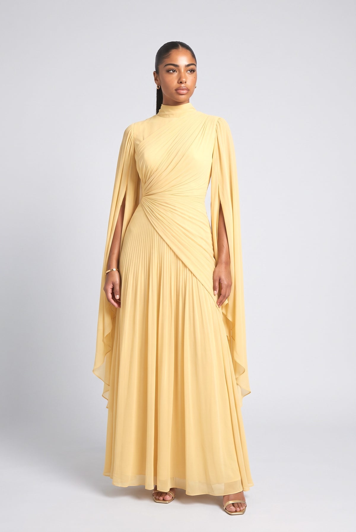 Chiffon High Neck Pleated Maxi Dress, yellow