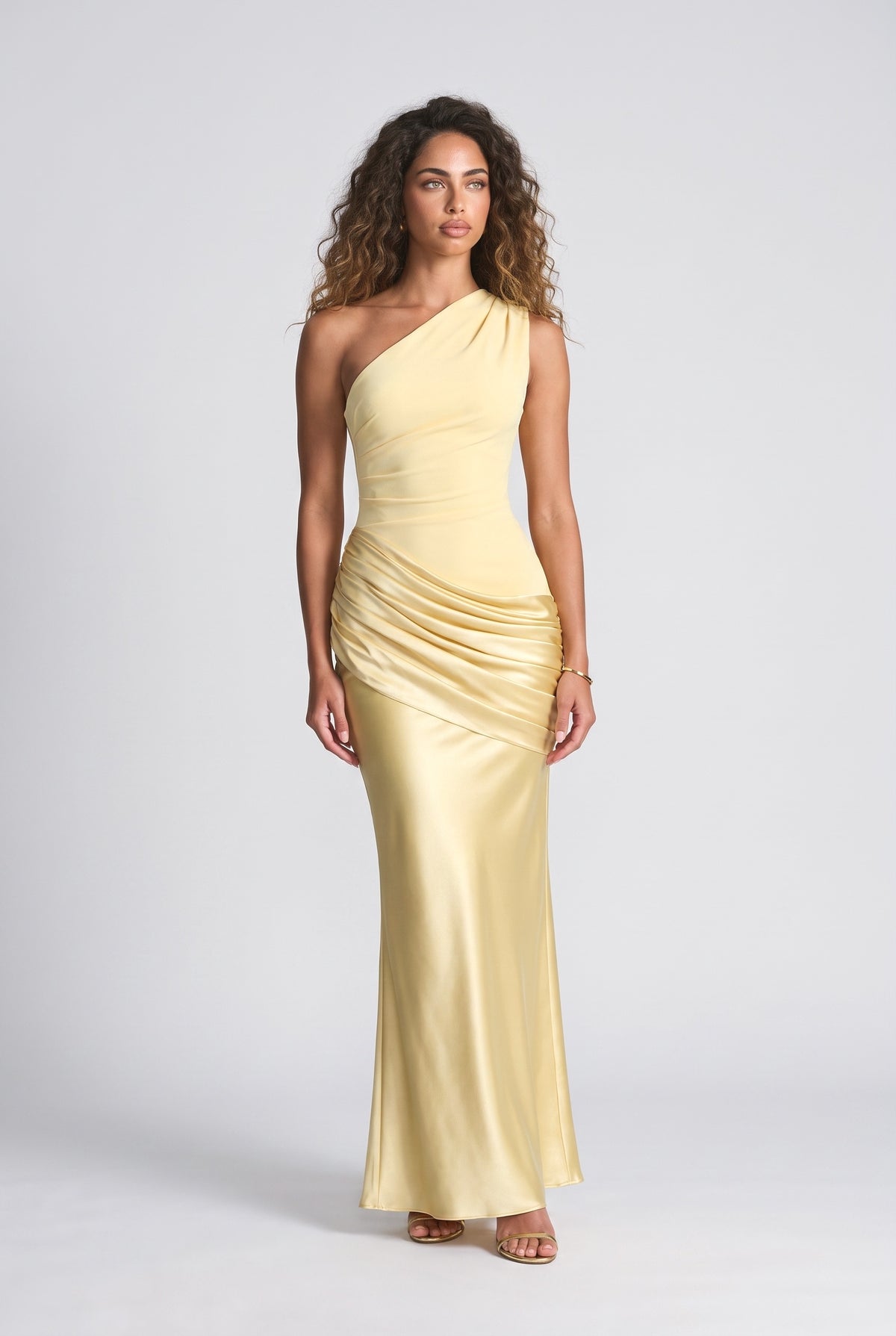 One Shoulder Neck Pleated Party Maxi Dress, yellow