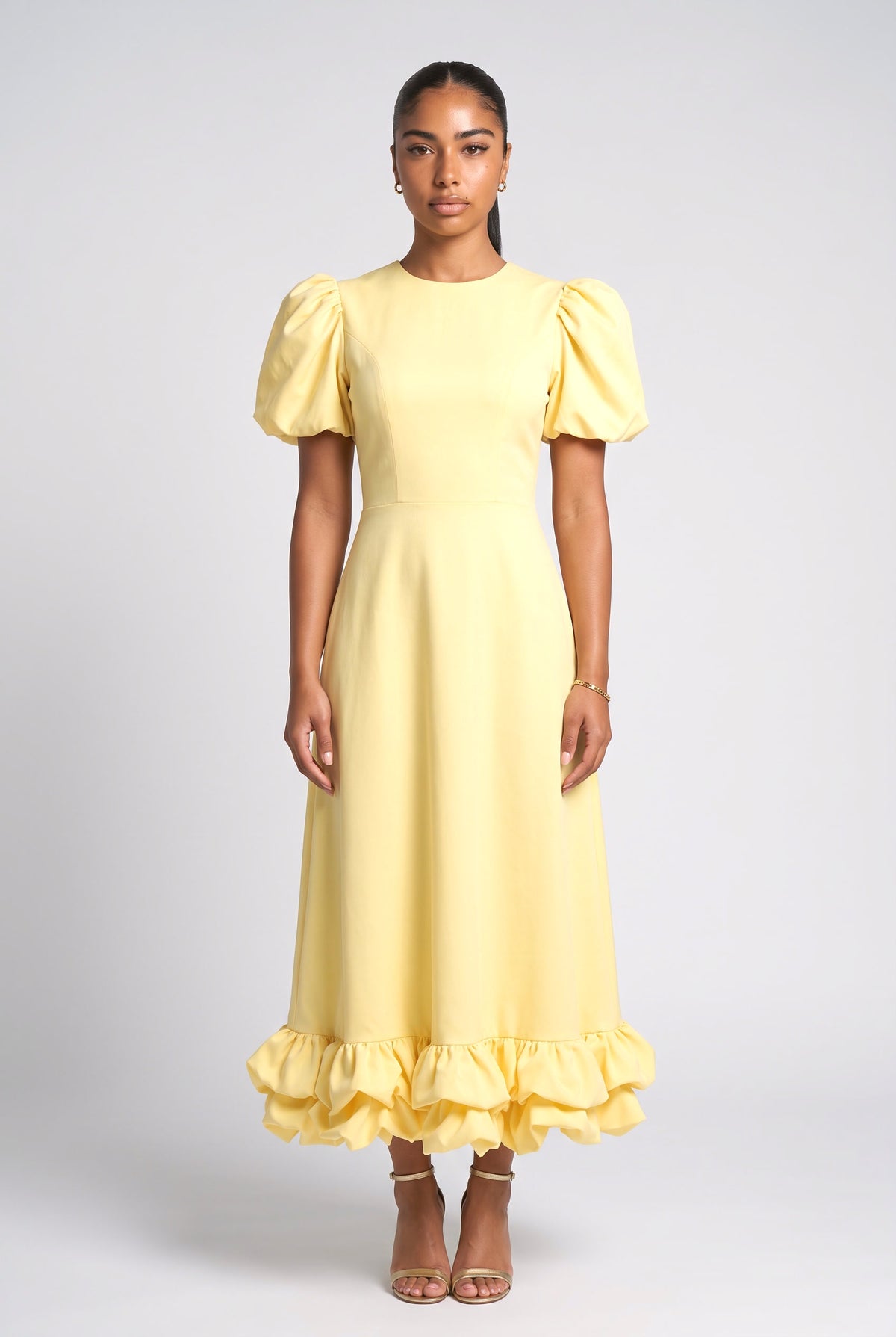 Puff Sleeve Ruffle Maxi Dress, yellow