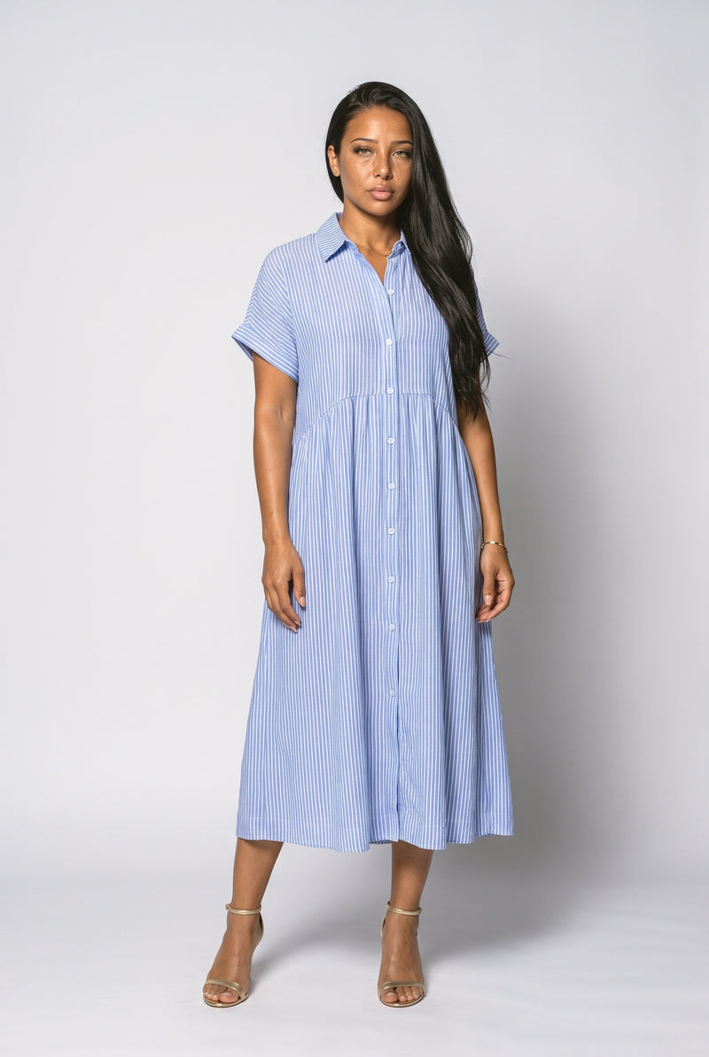Chambray Blue Stripe Striped Midi Dress