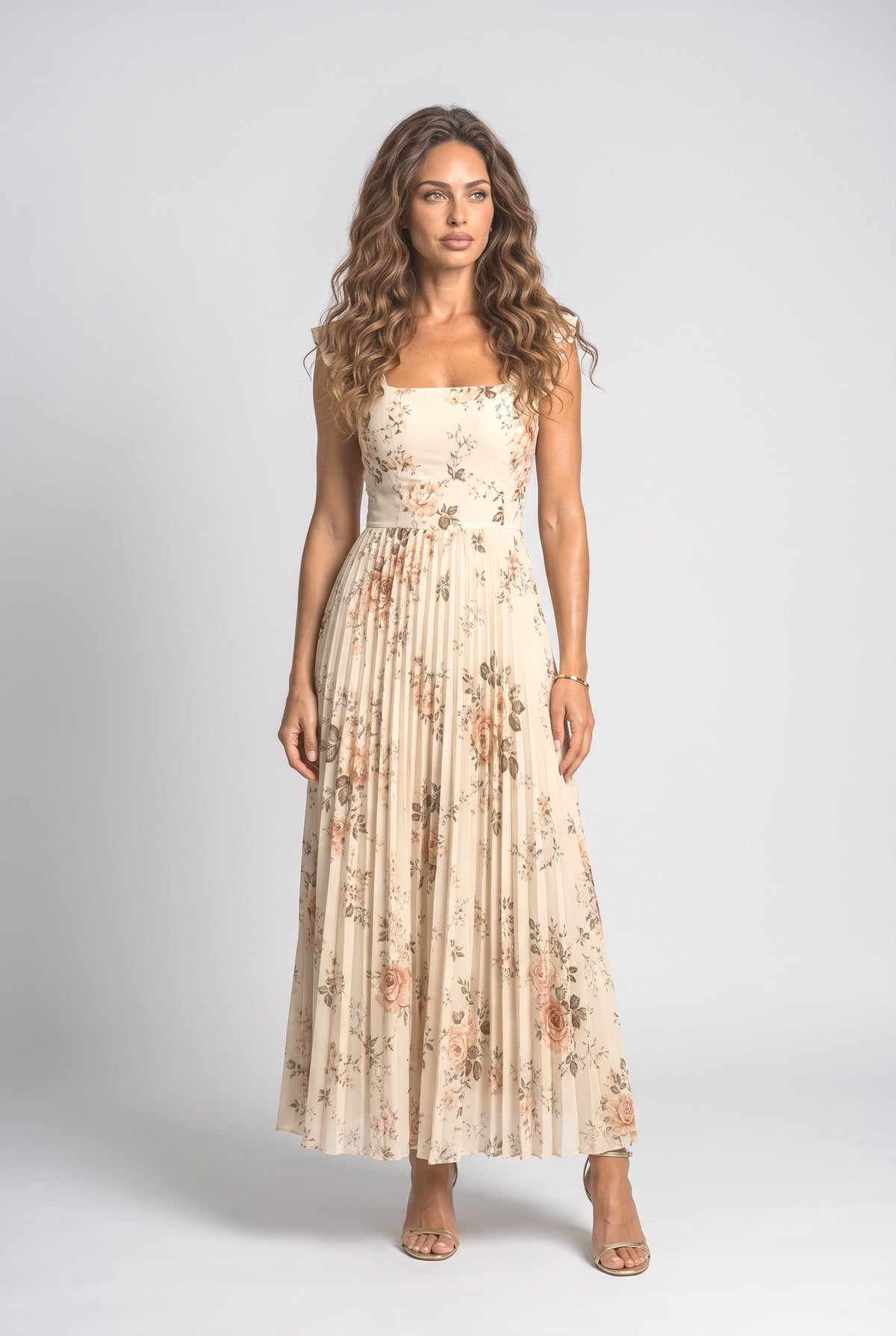 Beige Square Neck Floral Maxi Dress, Beige