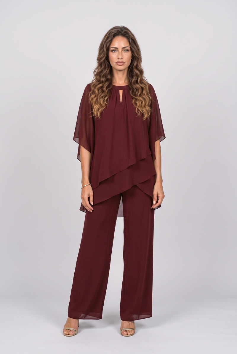 Burgundy Chiffon Asymmetric Two Piece Outfit