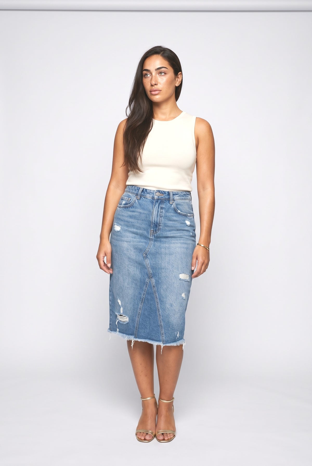 Blue Denim Midi Skirt, Dark blue