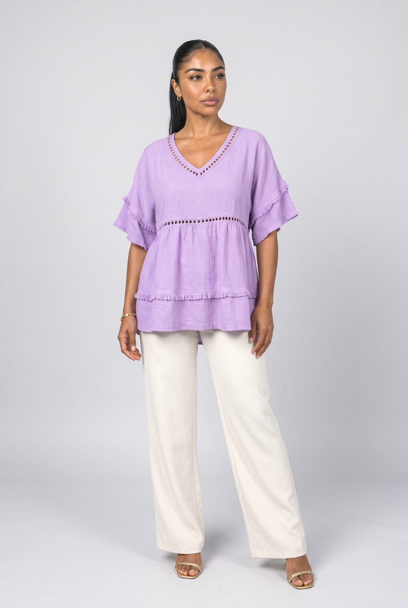 Lavender V-Neck Fringe Blouse